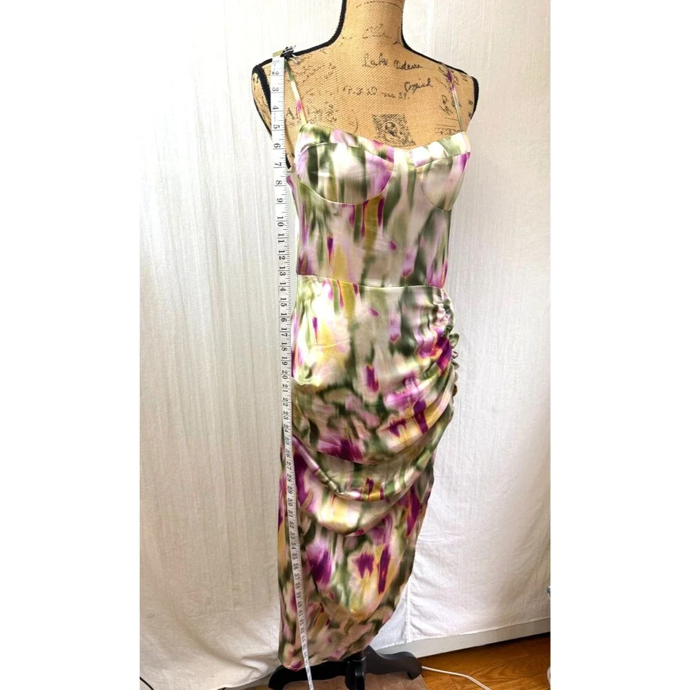 CIDER Watercolor Satin Ruched Asymmetrical Bodycon Midi Dress – Size Small
